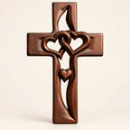 2PCS Hand-Carved Wooden Cross with Intertwined Hearts, Solid Wood Wall Decor