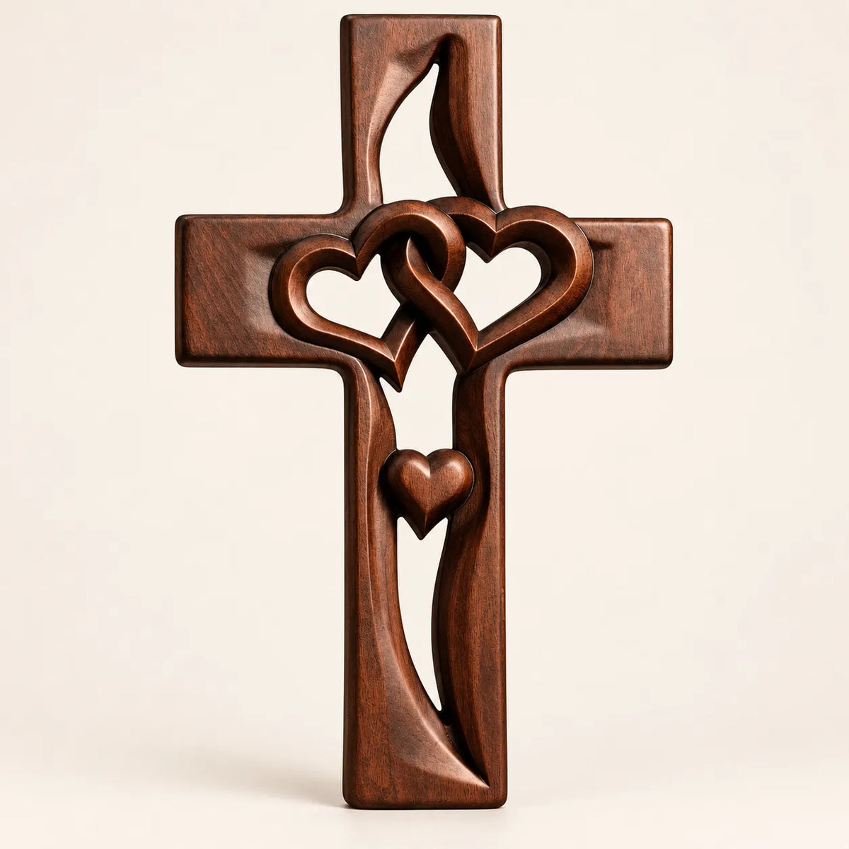 2PCS Hand-Carved Wooden Cross with Intertwined Hearts, Solid Wood Wall Decor