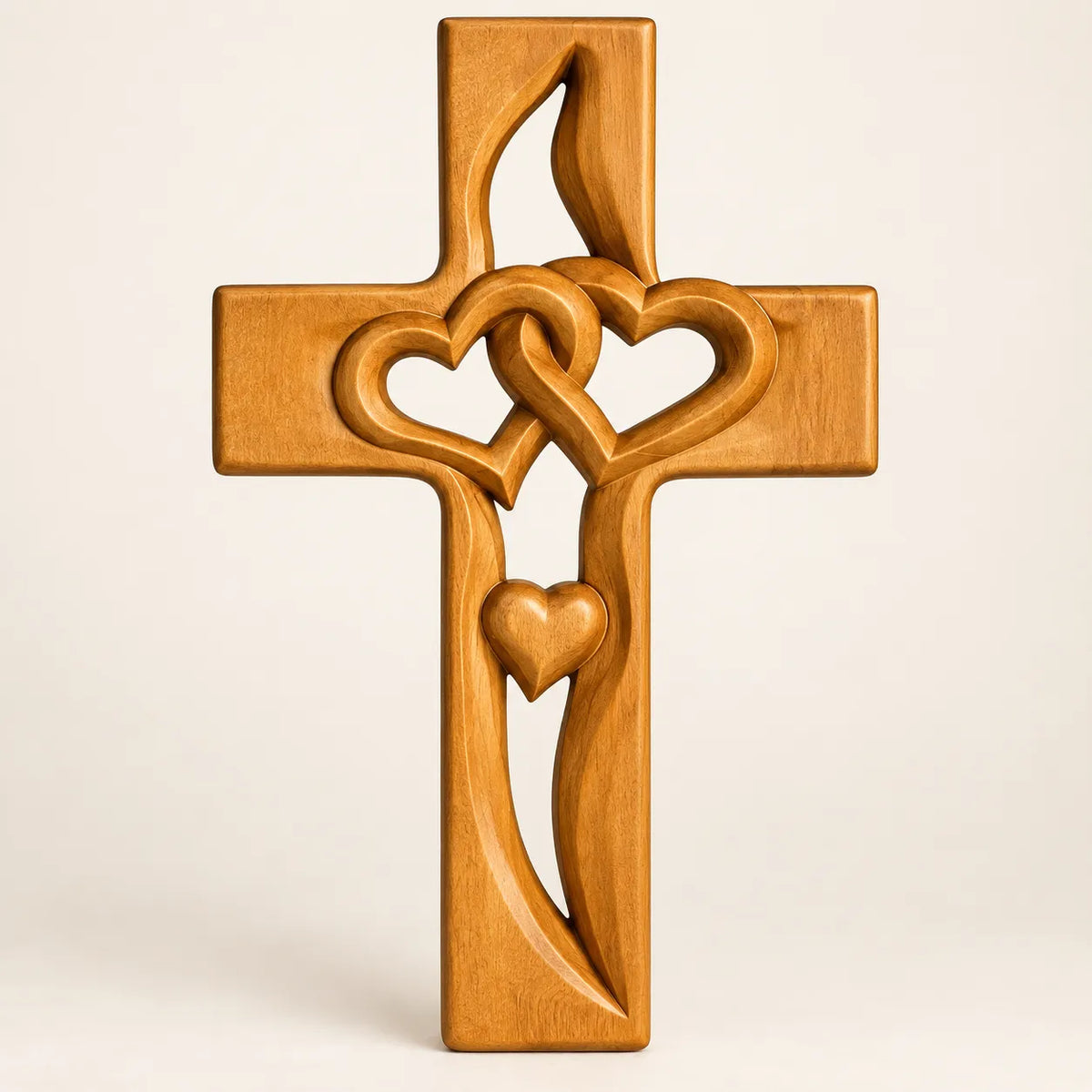 2PCS Hand-Carved Wooden Cross with Intertwined Hearts, Solid Wood Wall Decor