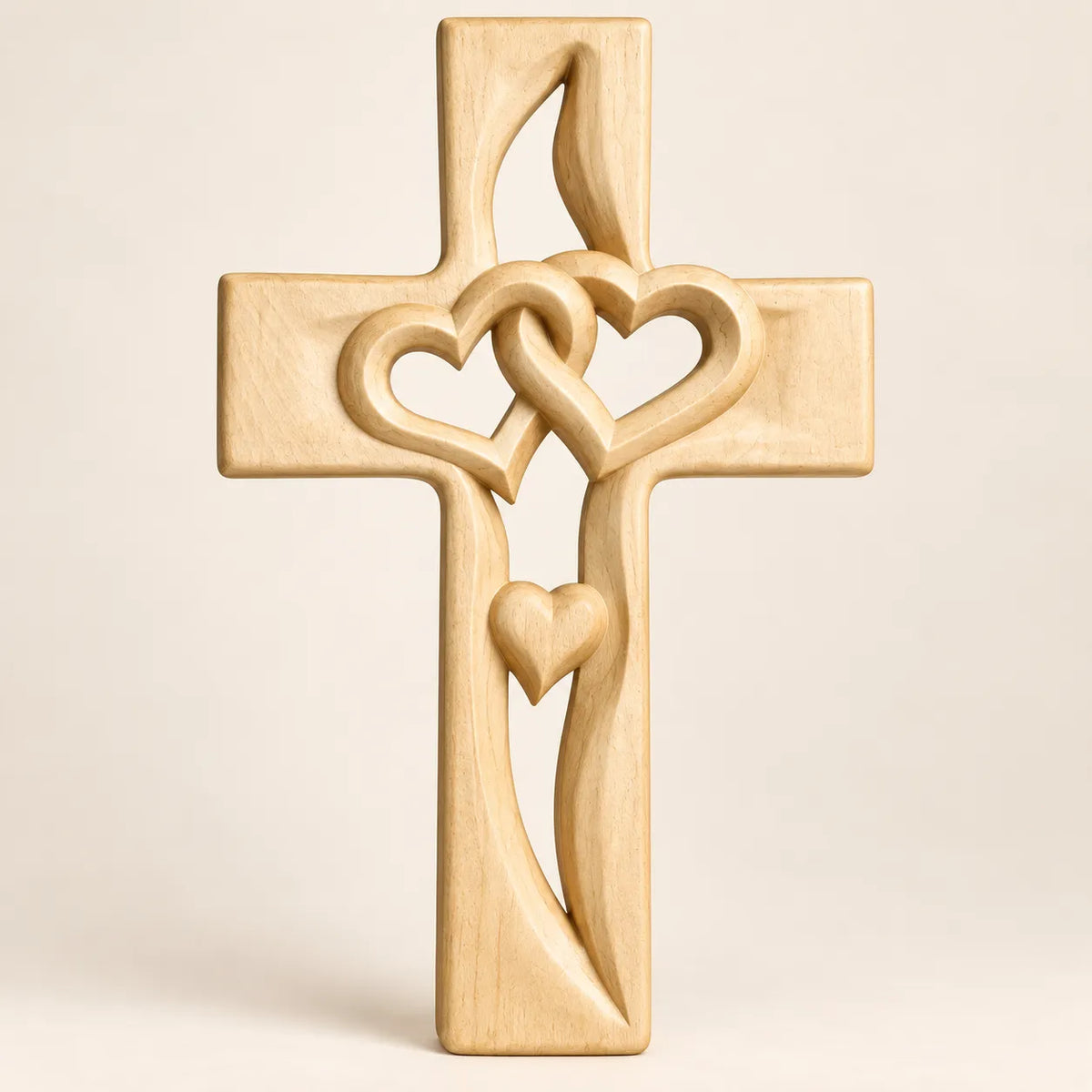 2PCS Hand-Carved Wooden Cross with Intertwined Hearts, Solid Wood Wall Decor
