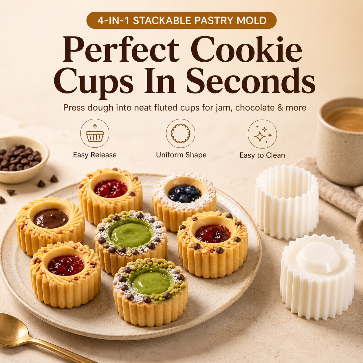 🧁 KITCHEN FAVORITE | Cookie Cup Mold Press – 4-in-1 Detachable Pastry Shaper for Jam, Chocolate & Cream-Filled Treats