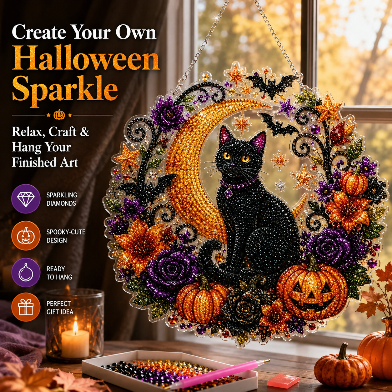 ✨🐈‍⬛ Halloween Black Cat Diamond Art Kit – DIY Hanging Ornament👻