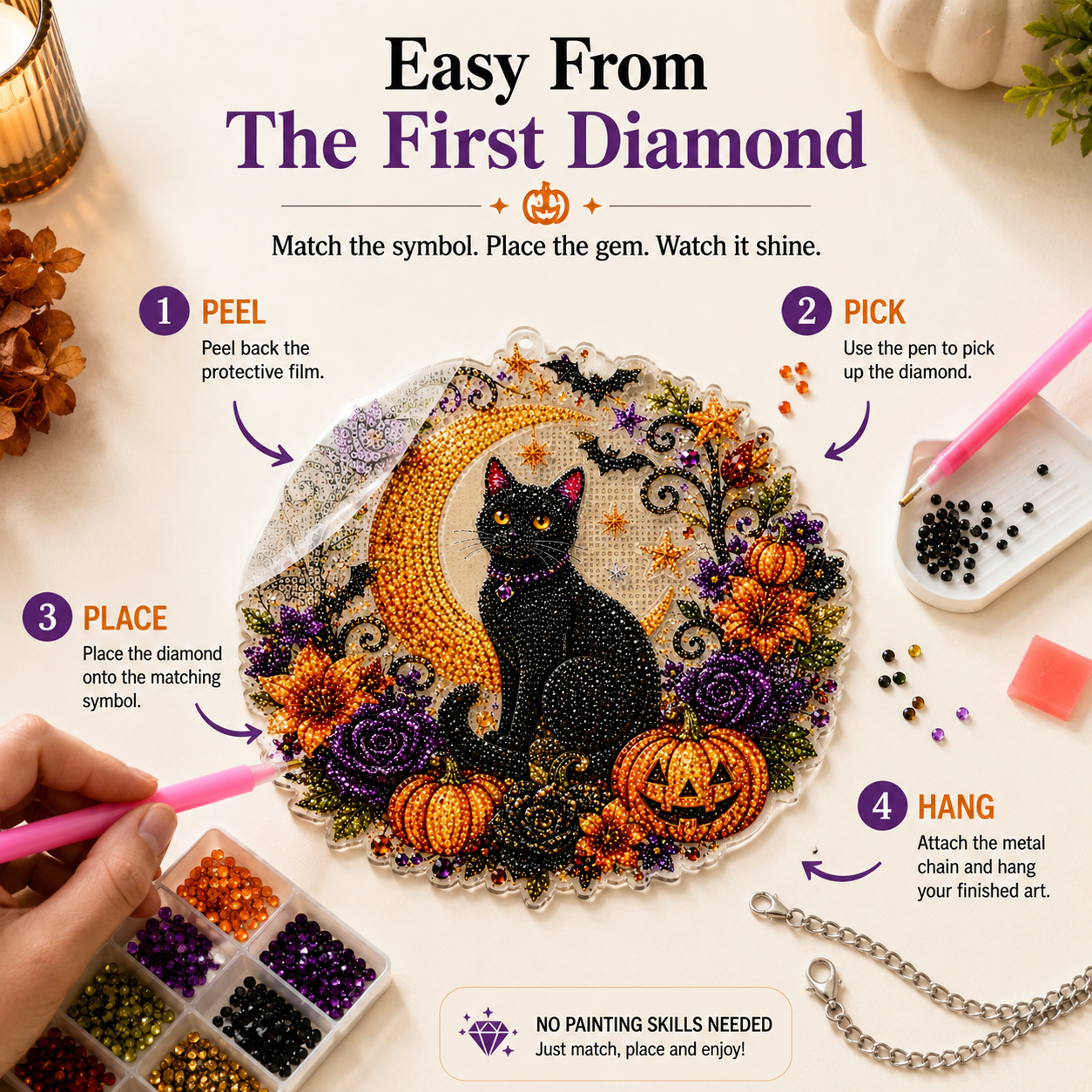 ✨🐈‍⬛ Halloween Black Cat Diamond Art Kit – DIY Hanging Ornament👻