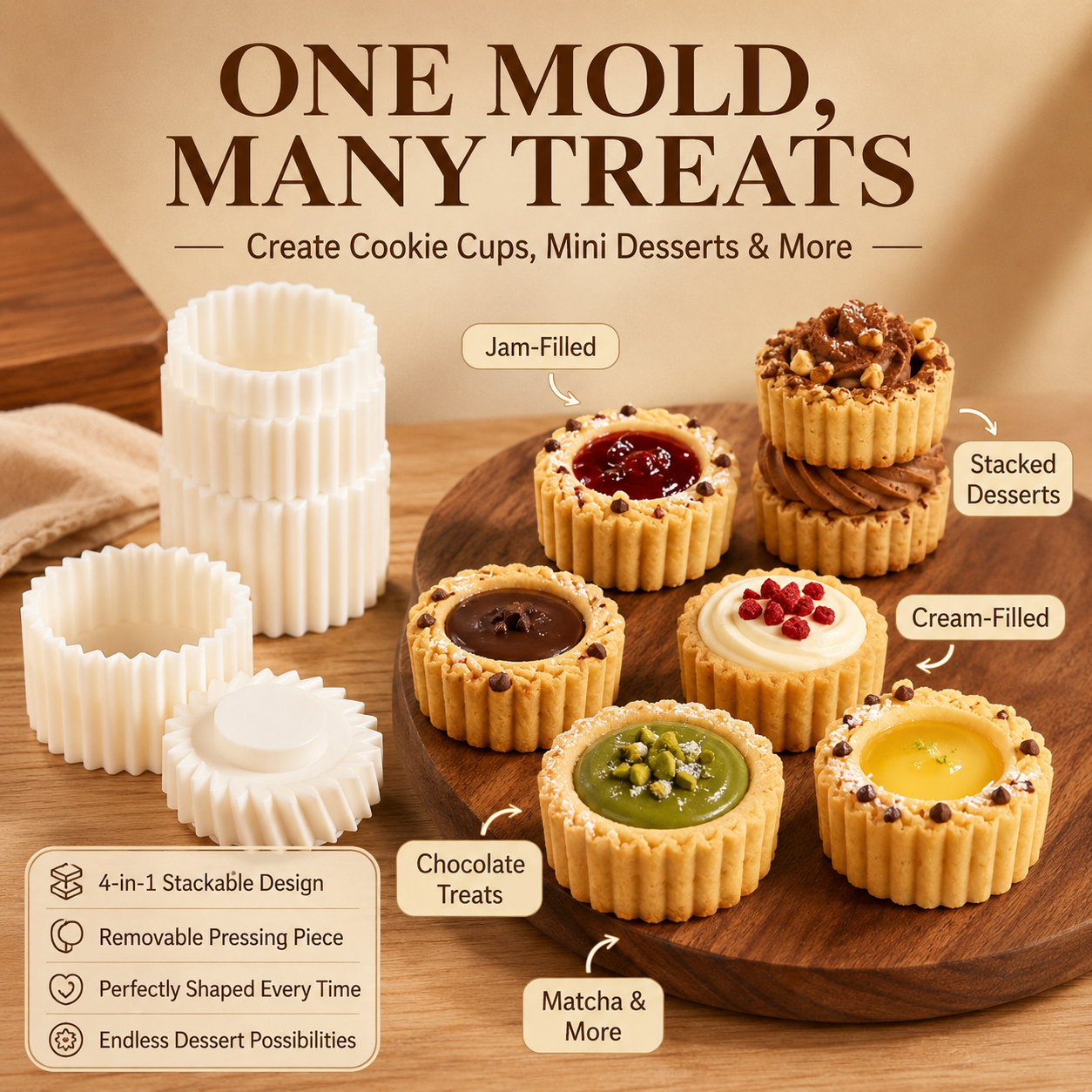 🧁 KITCHEN FAVORITE | Cookie Cup Mold Press – 4-in-1 Detachable Pastry Shaper for Jam, Chocolate & Cream-Filled Treats