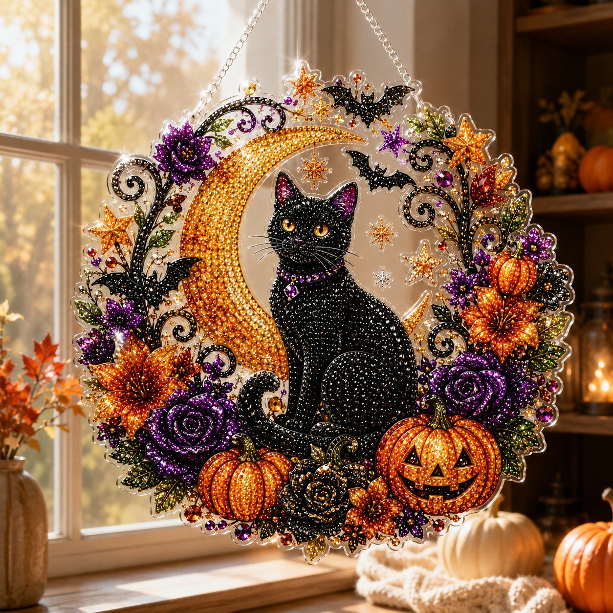✨🐈‍⬛ Halloween Black Cat Diamond Art Kit – DIY Hanging Ornament👻