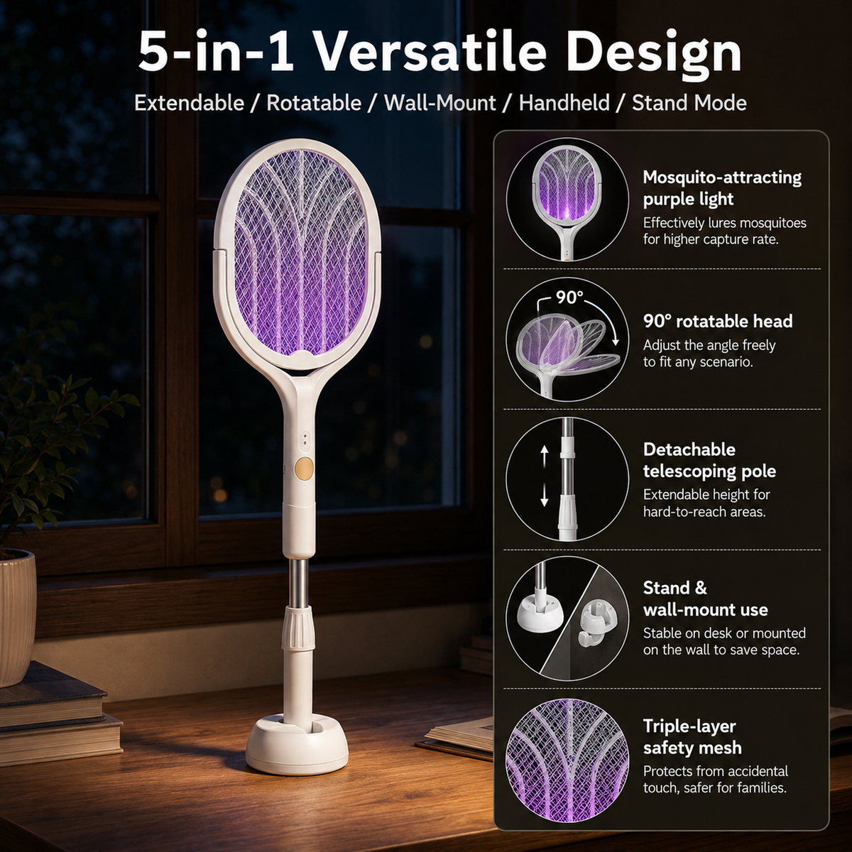 🦟 5-in-1 Extendable Electric Mosquito Swatter with Purple Light & Charging Base