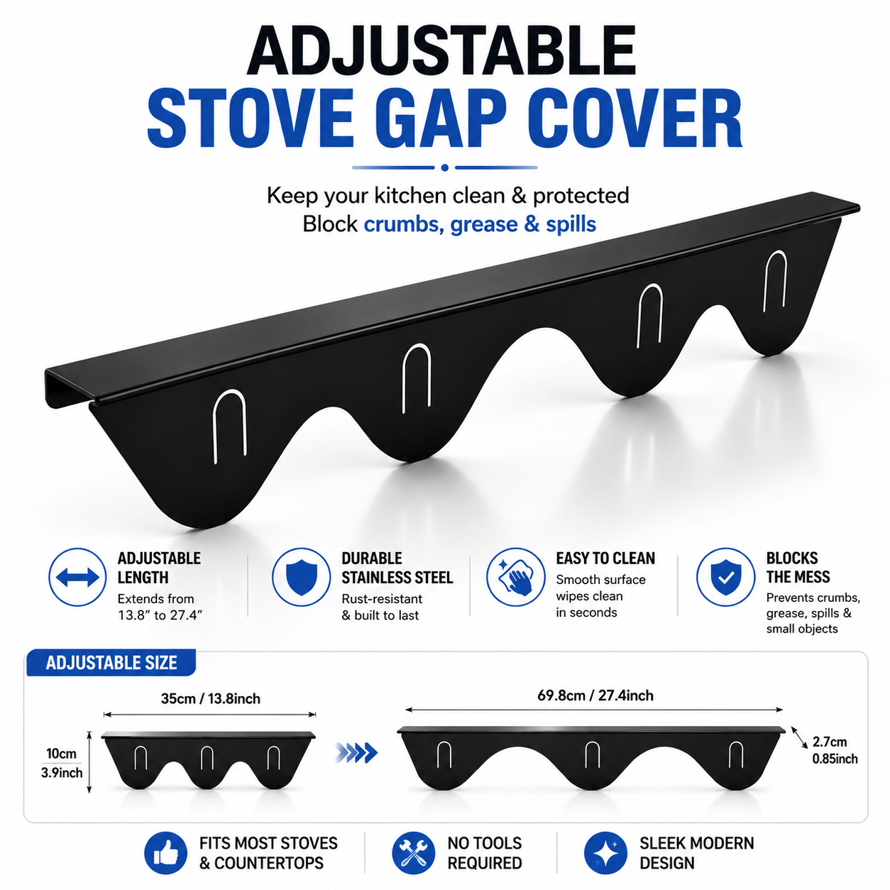 ✨ Adjustable Stove Gap Cover – Keep Crumbs & Grease Out
