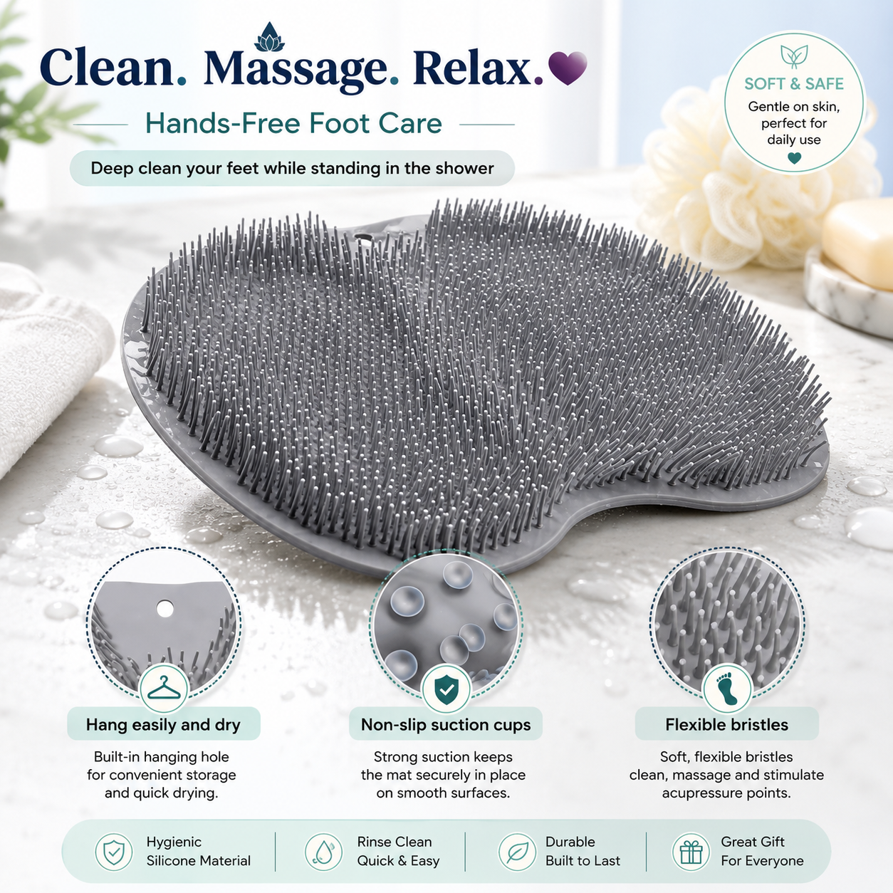 🦶 Silicone Foot Scrubber Mat – Clean & Massage Without Bending
