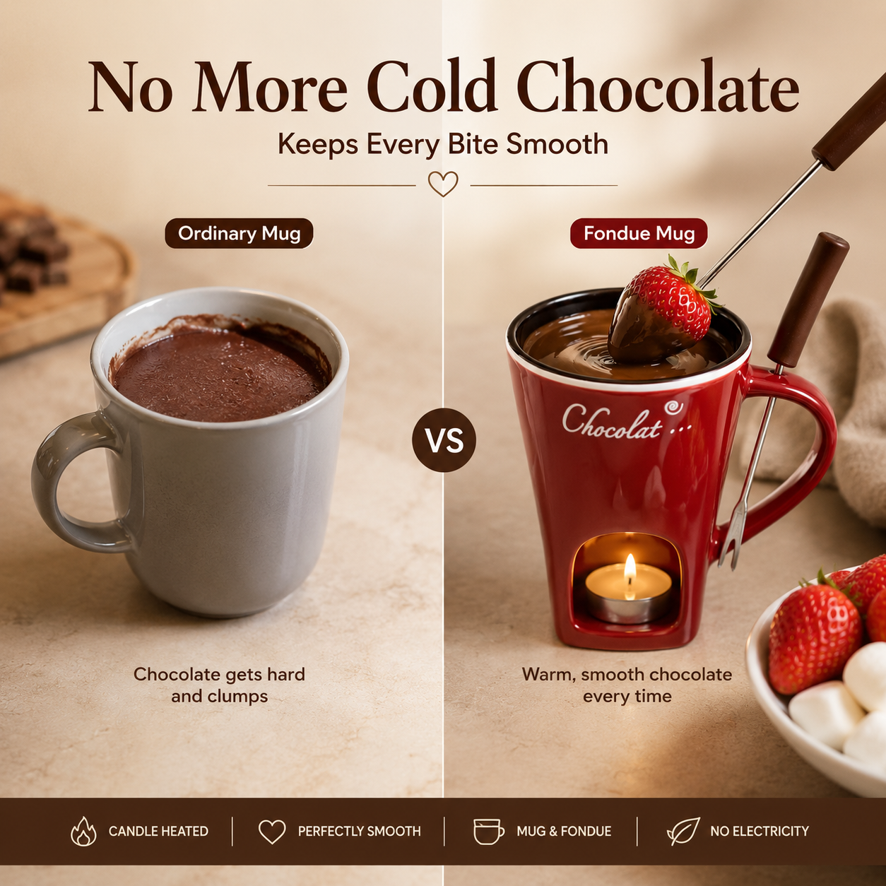 🍫 Cozy Ceramic Chocolate Fondue Mug Set – Candle Heated Dessert Cup With Fondue Fork