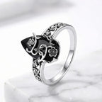 925 Sterling Silver Synthetic Obsidian Ring with Vintage Flower Design