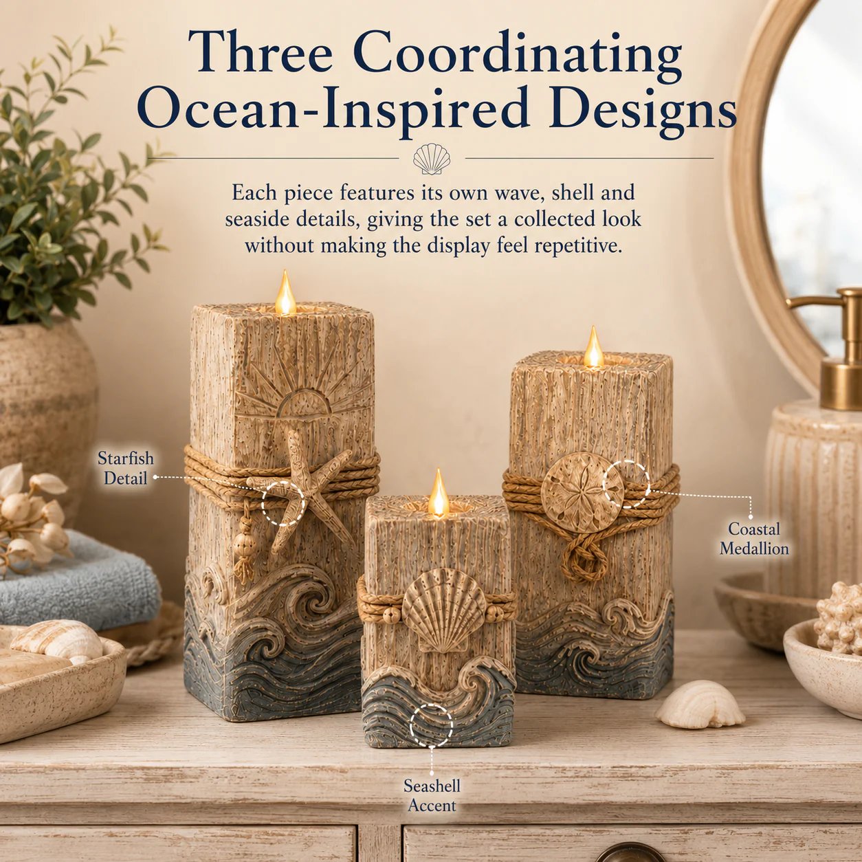 Vintage Wooden Coastal Seashell LED Candle Decor