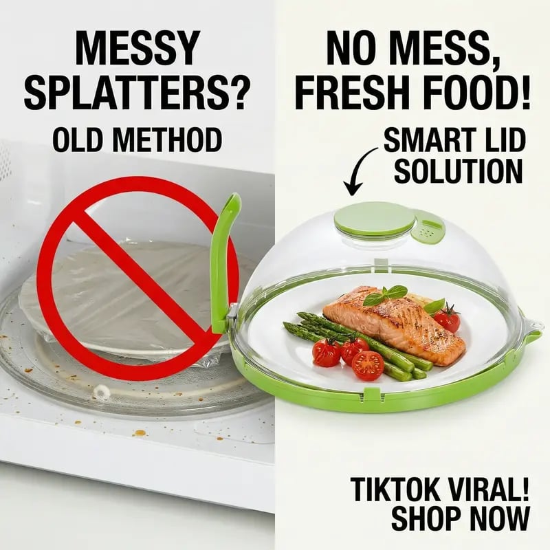 10' Clear Microwave Splatter Cover: Built-in Water Steamer & Steam Vent Lid