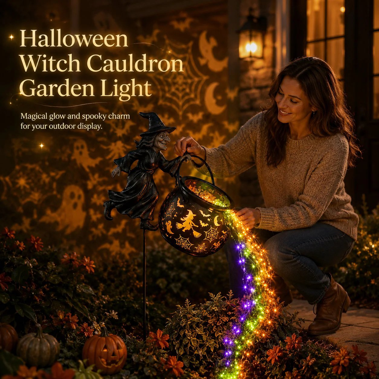 🎃 Flying Witch & Glowing Cauldron Garden Light – Magical Halloween Yard Display ✨