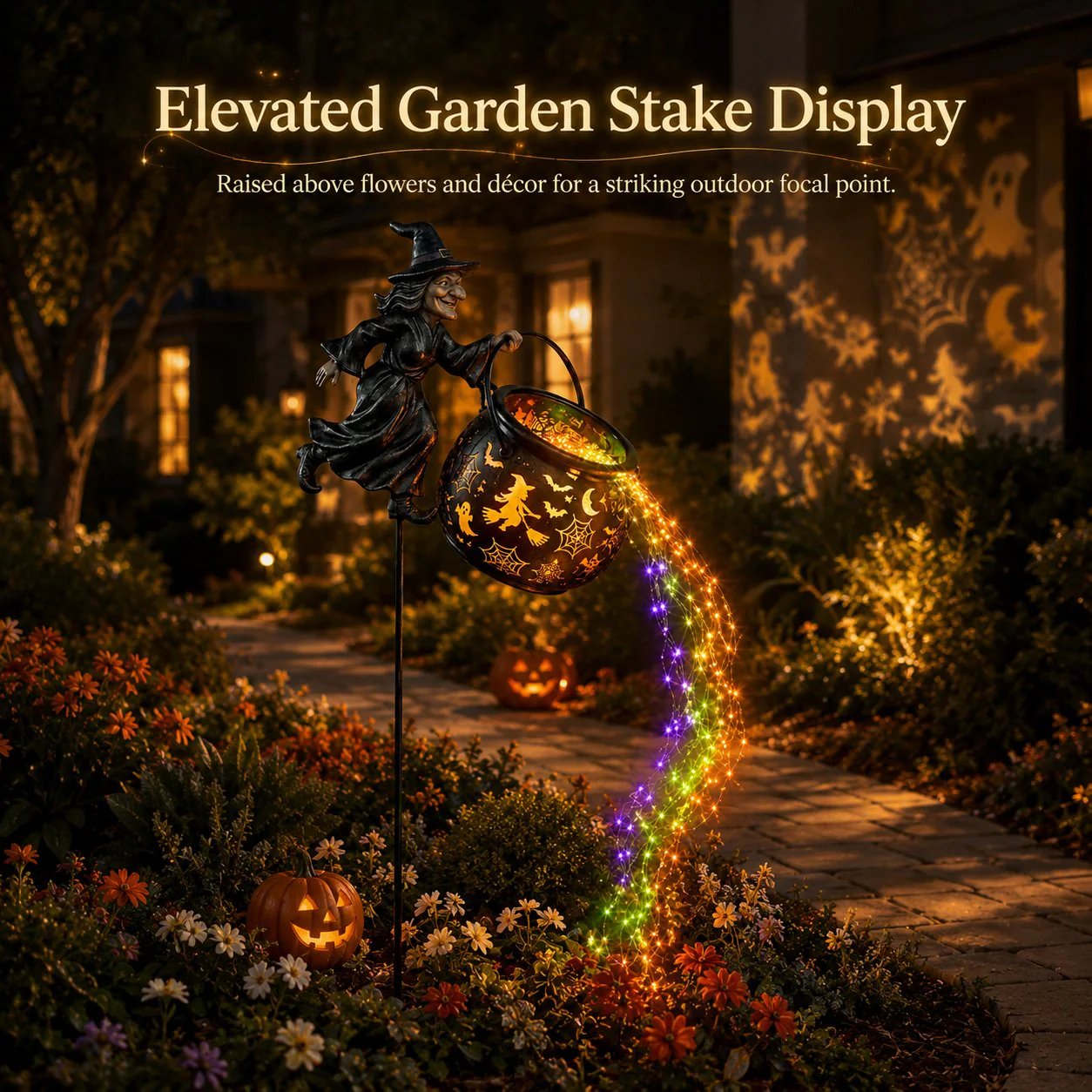 🎃 Flying Witch & Glowing Cauldron Garden Light – Magical Halloween Yard Display ✨