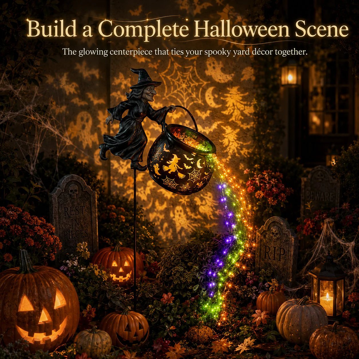 🎃 Flying Witch & Glowing Cauldron Garden Light – Magical Halloween Yard Display ✨