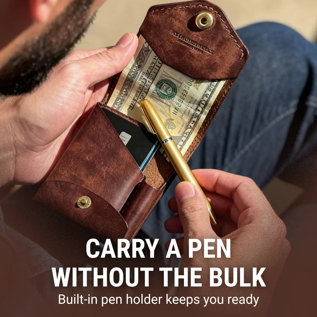 Vintage Handmade Leather Wallet With Pen Slot