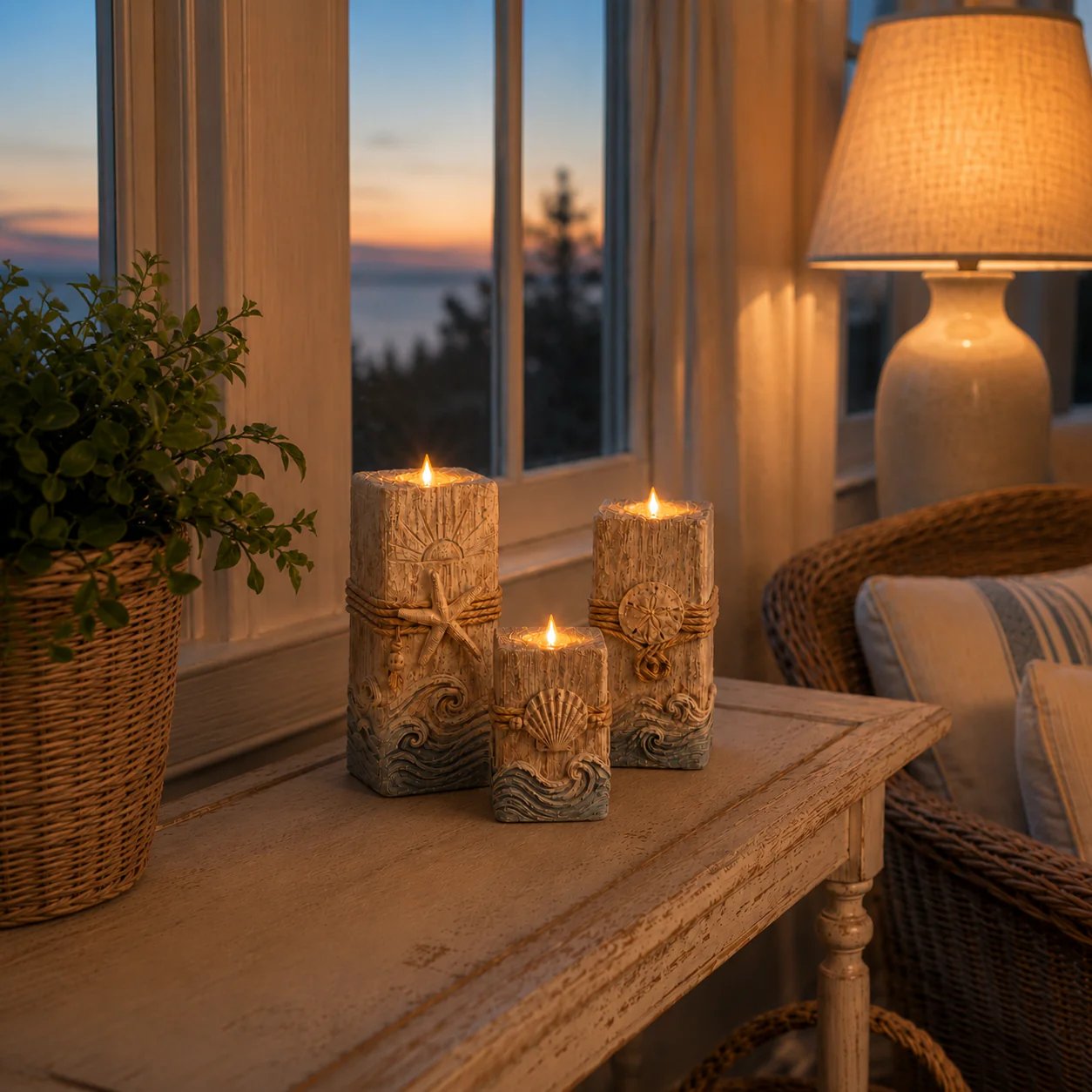 Vintage Wooden Coastal Seashell LED Candle Decor