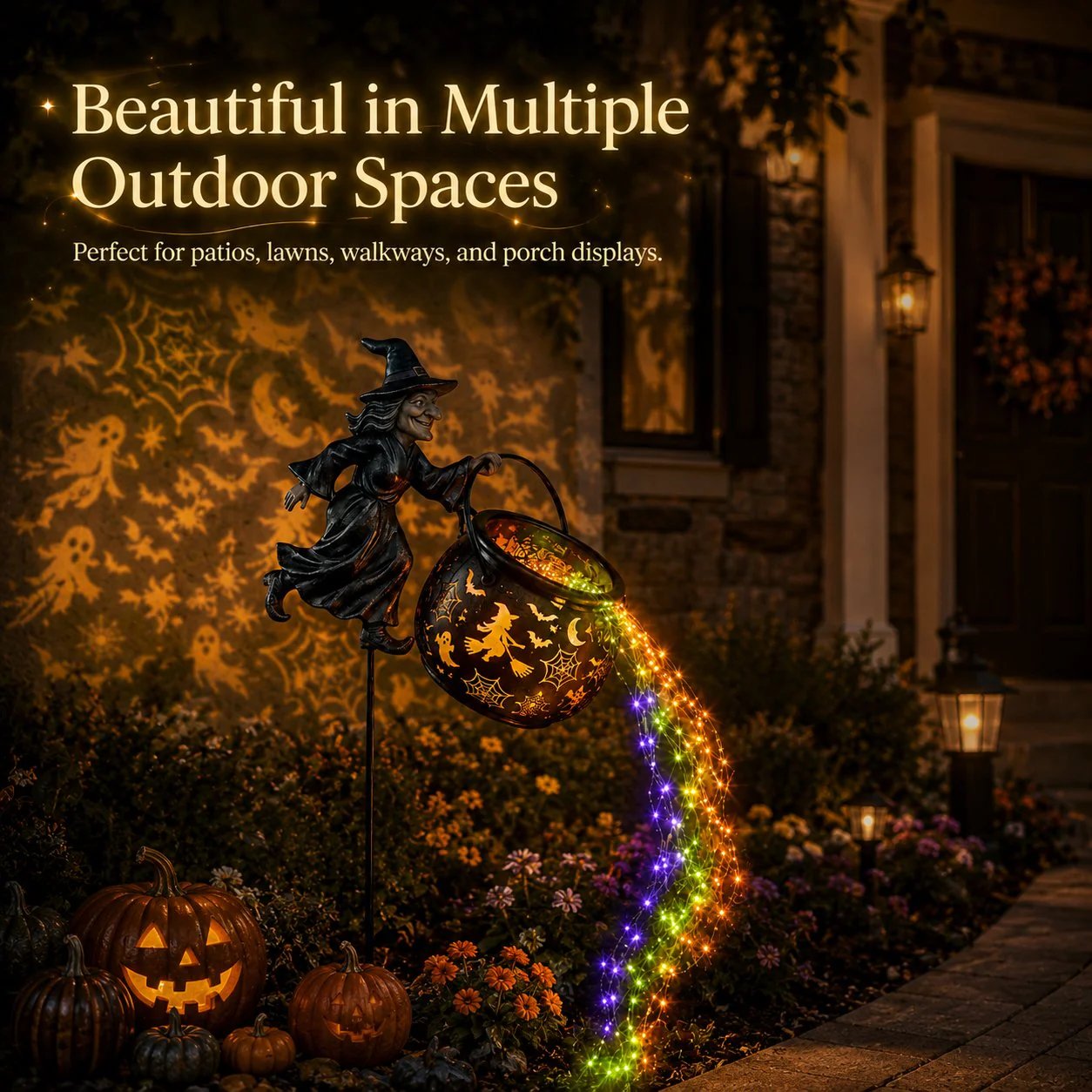🎃 Flying Witch & Glowing Cauldron Garden Light – Magical Halloween Yard Display ✨