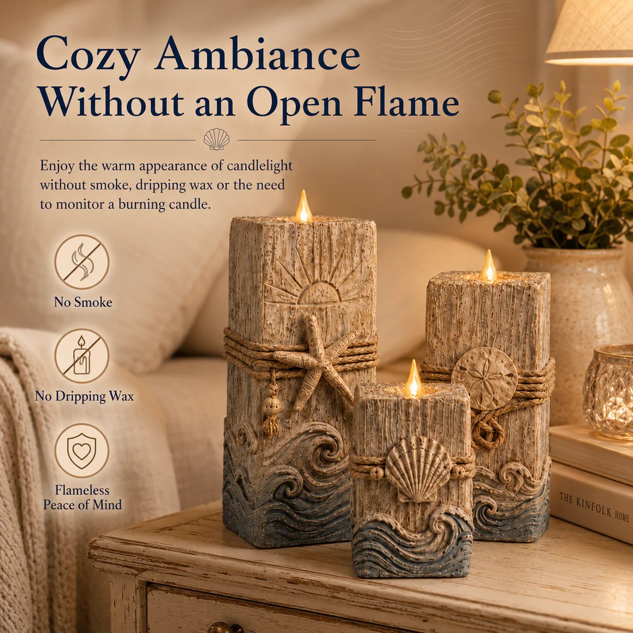 Vintage Wooden Coastal Seashell LED Candle Decor