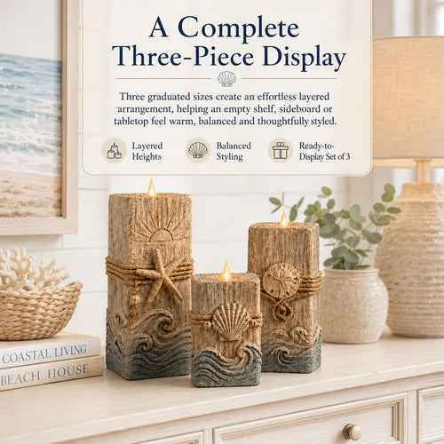 Vintage Wooden Coastal Seashell LED Candle Decor