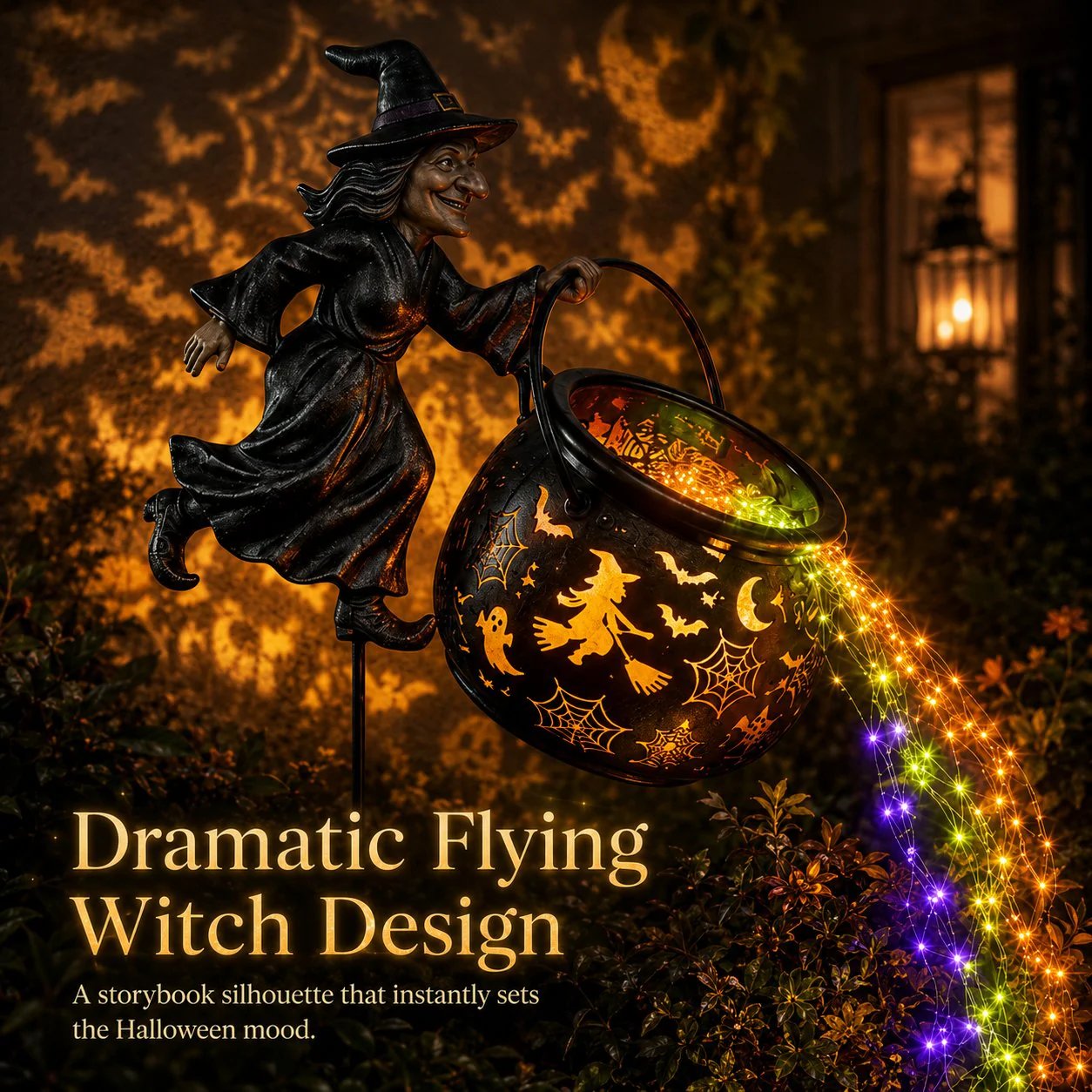 🎃 Flying Witch & Glowing Cauldron Garden Light – Magical Halloween Yard Display ✨