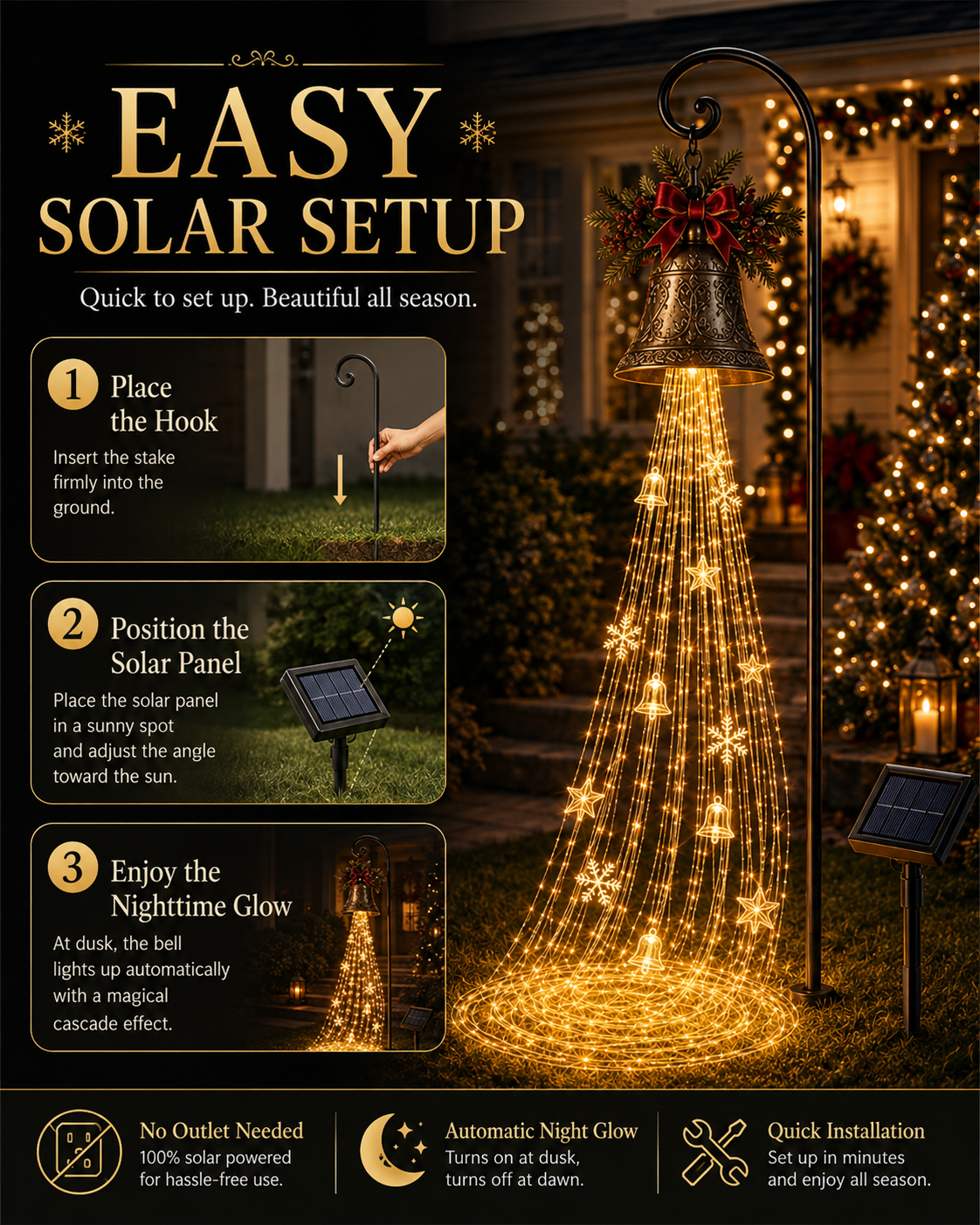 🎄 Christmas Bell Cascade Solar Lights✨ Create a Magical Holiday Glow
