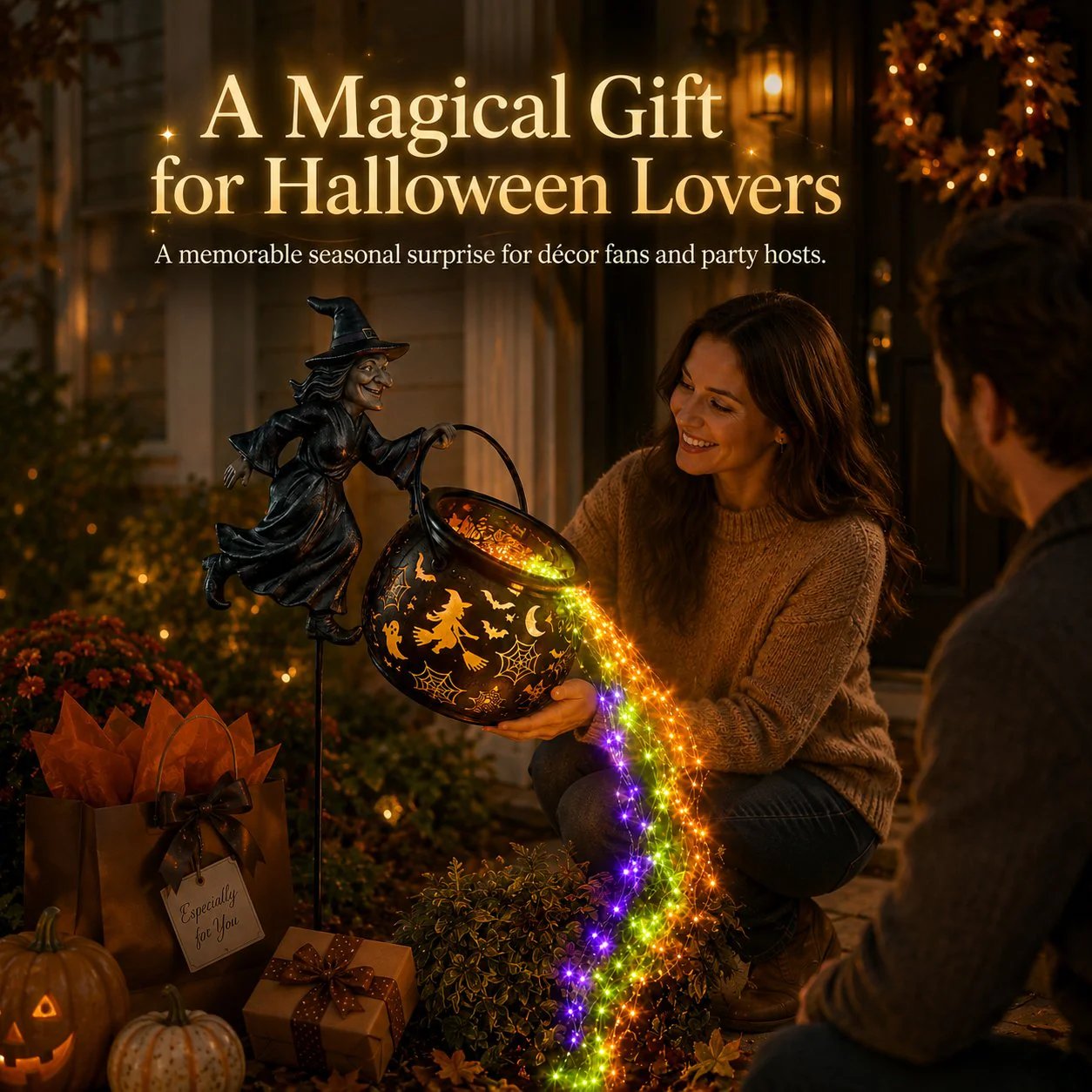🎃 Flying Witch & Glowing Cauldron Garden Light – Magical Halloween Yard Display ✨