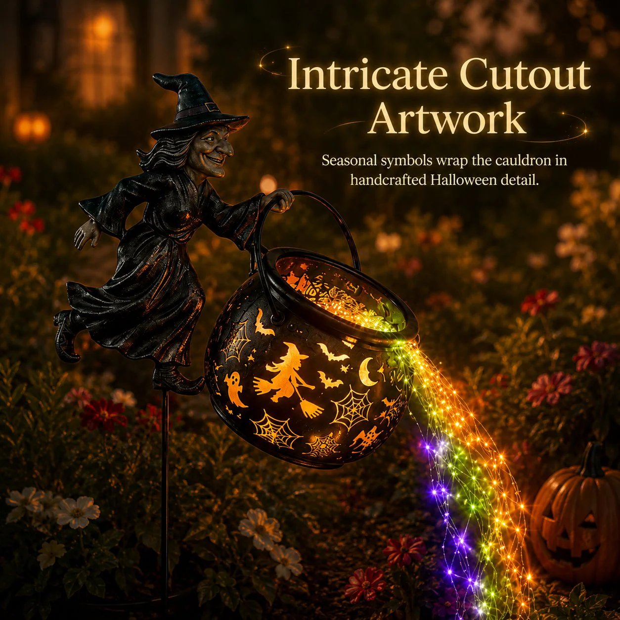 🎃 Flying Witch & Glowing Cauldron Garden Light – Magical Halloween Yard Display ✨