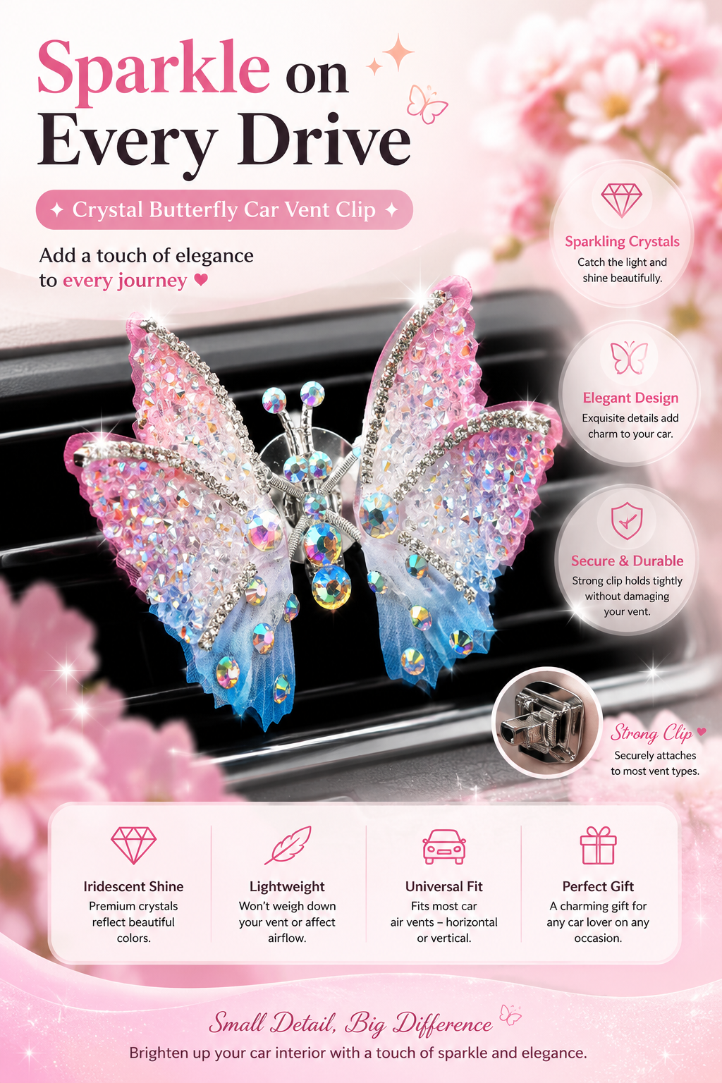 🦋 Crystal Butterfly Car Decor Clip – Add Sparkle to Every Drive ✨