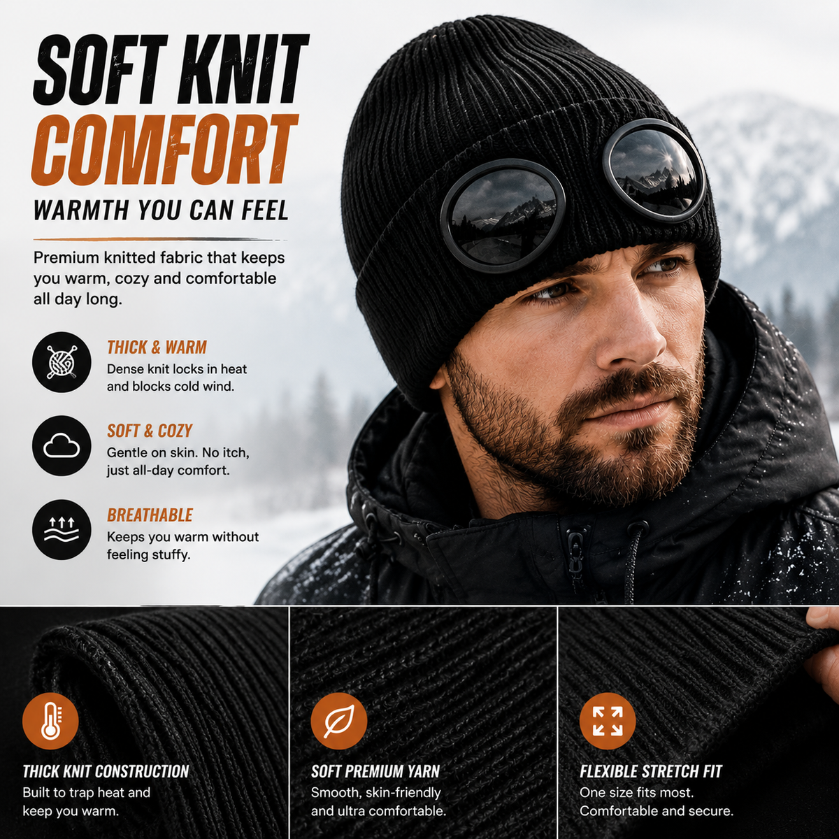 🧢 Retro Goggle Beanie Hat – Unique Winter Knit Cap for Outdoor Adventures