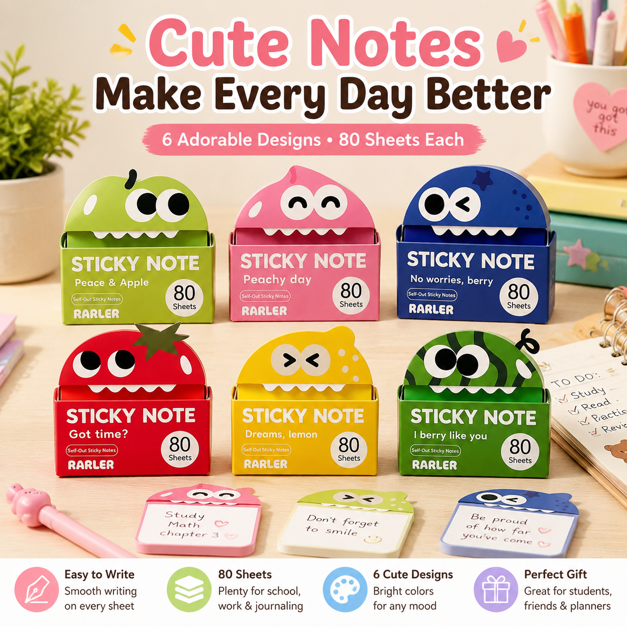 🌈 Cute Character Sticky Notes （Pack of six）– Kawaii Memo Pads For Study, Journaling & Planning（6 PCS）