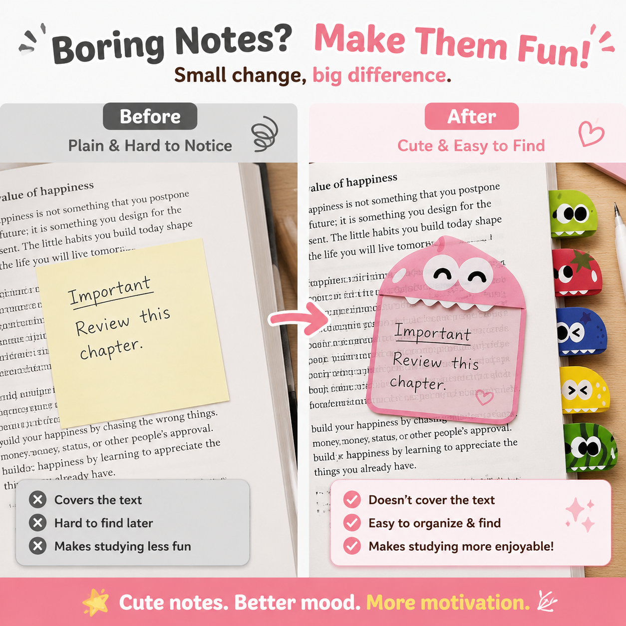 🌈 Cute Character Sticky Notes （Pack of six）– Kawaii Memo Pads For Study, Journaling & Planning（6 PCS）