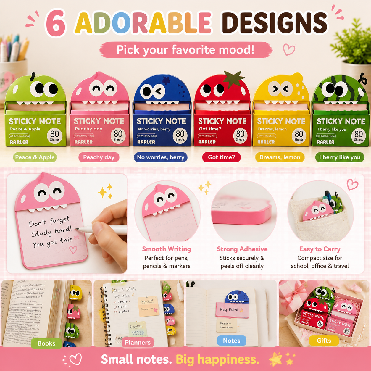 🌈 Cute Character Sticky Notes （Pack of six）– Kawaii Memo Pads For Study, Journaling & Planning（6 PCS）