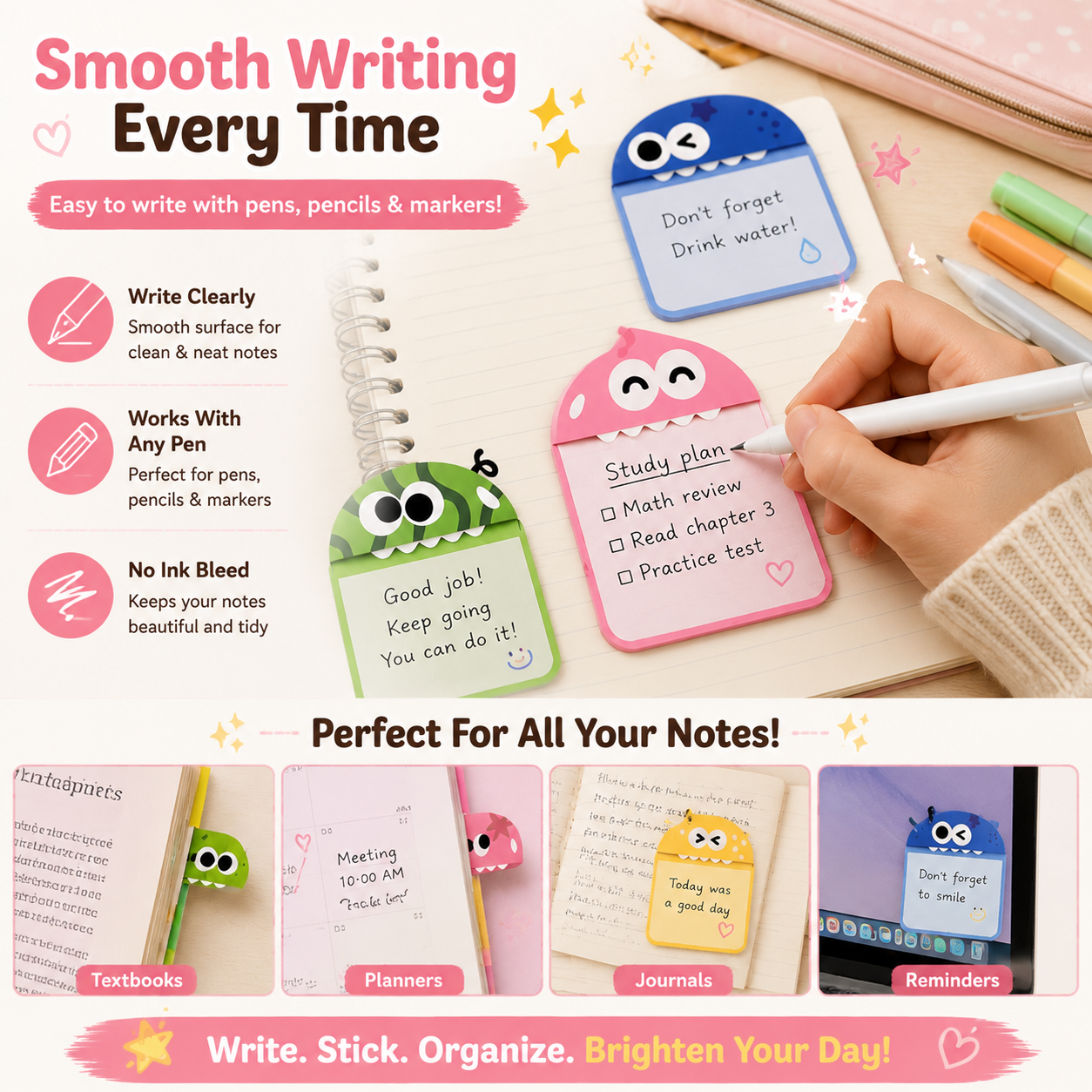 🌈 Cute Character Sticky Notes （Pack of six）– Kawaii Memo Pads For Study, Journaling & Planning（6 PCS）