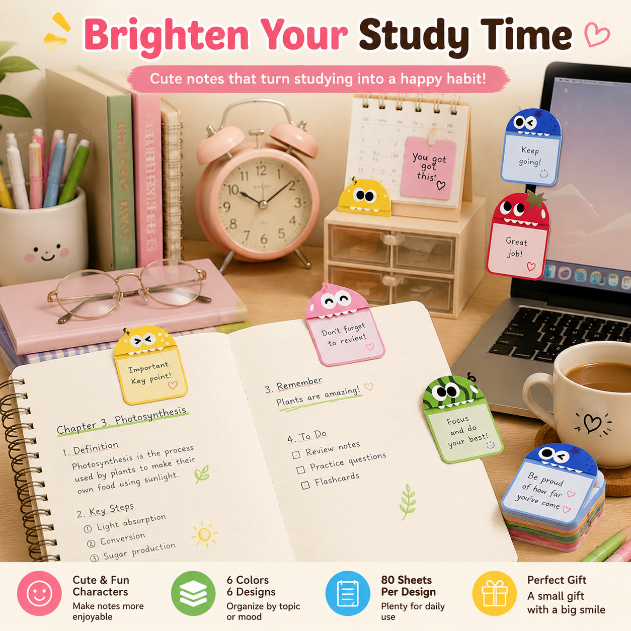 🌈 Cute Character Sticky Notes （Pack of six）– Kawaii Memo Pads For Study, Journaling & Planning（6 PCS）