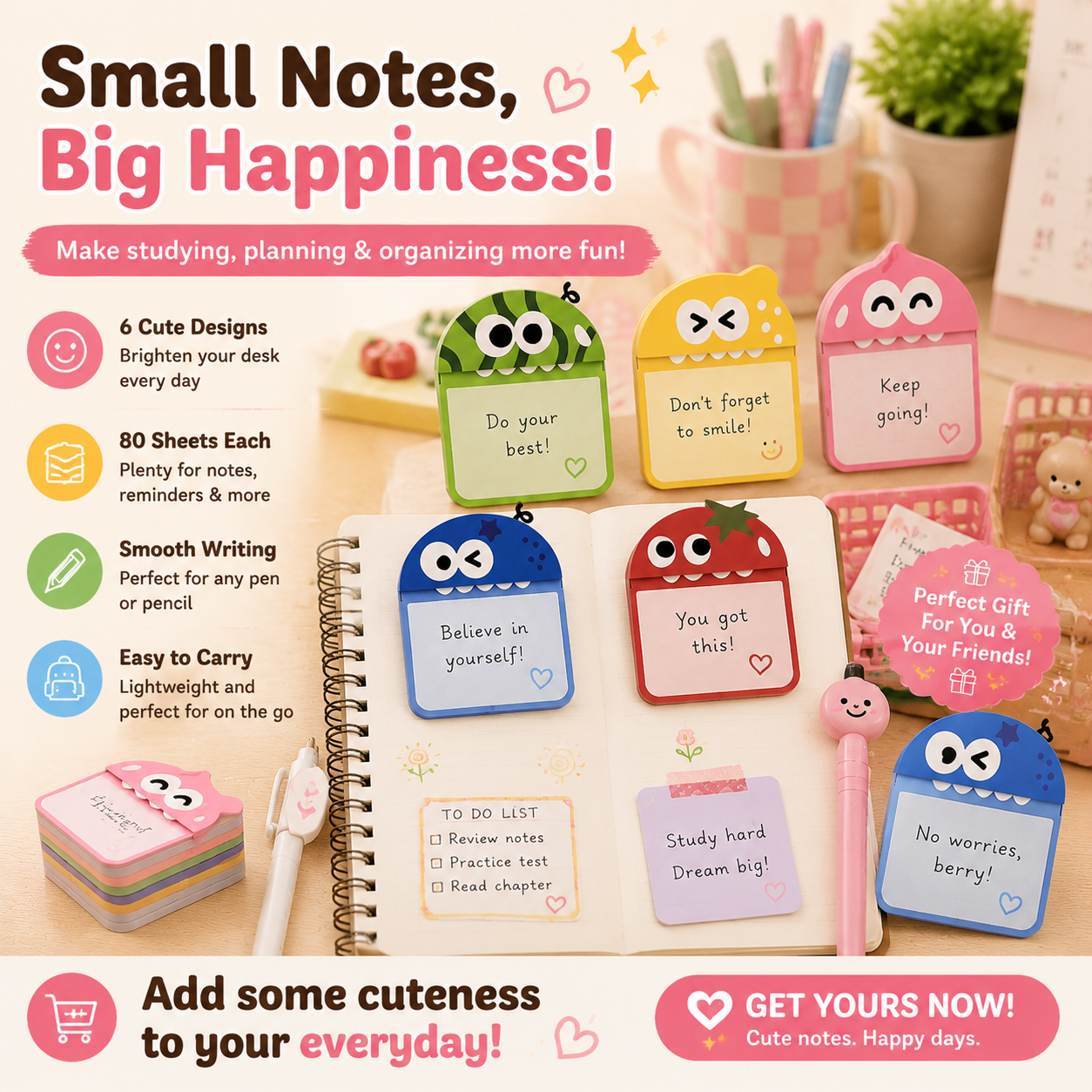🌈 Cute Character Sticky Notes （Pack of six）– Kawaii Memo Pads For Study, Journaling & Planning（6 PCS）