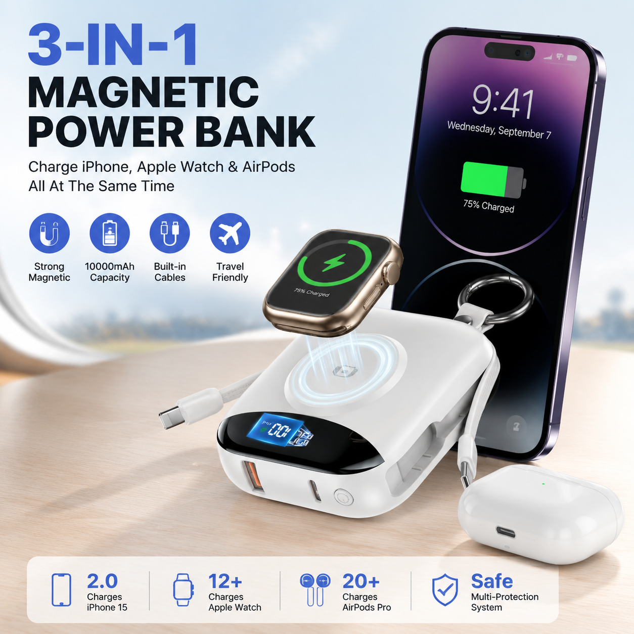 🔥 LAST DAY 50% OFF-🔋 10,000mAh 3-in-1 Magnetic Power Bank with Built-In Cables