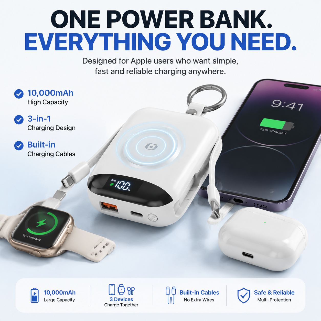 🔋 50% OFF | 10,000mAh 3-In-1 Magnetic Power Bank – Charge Phone, Watch & Earbuds Anywhere