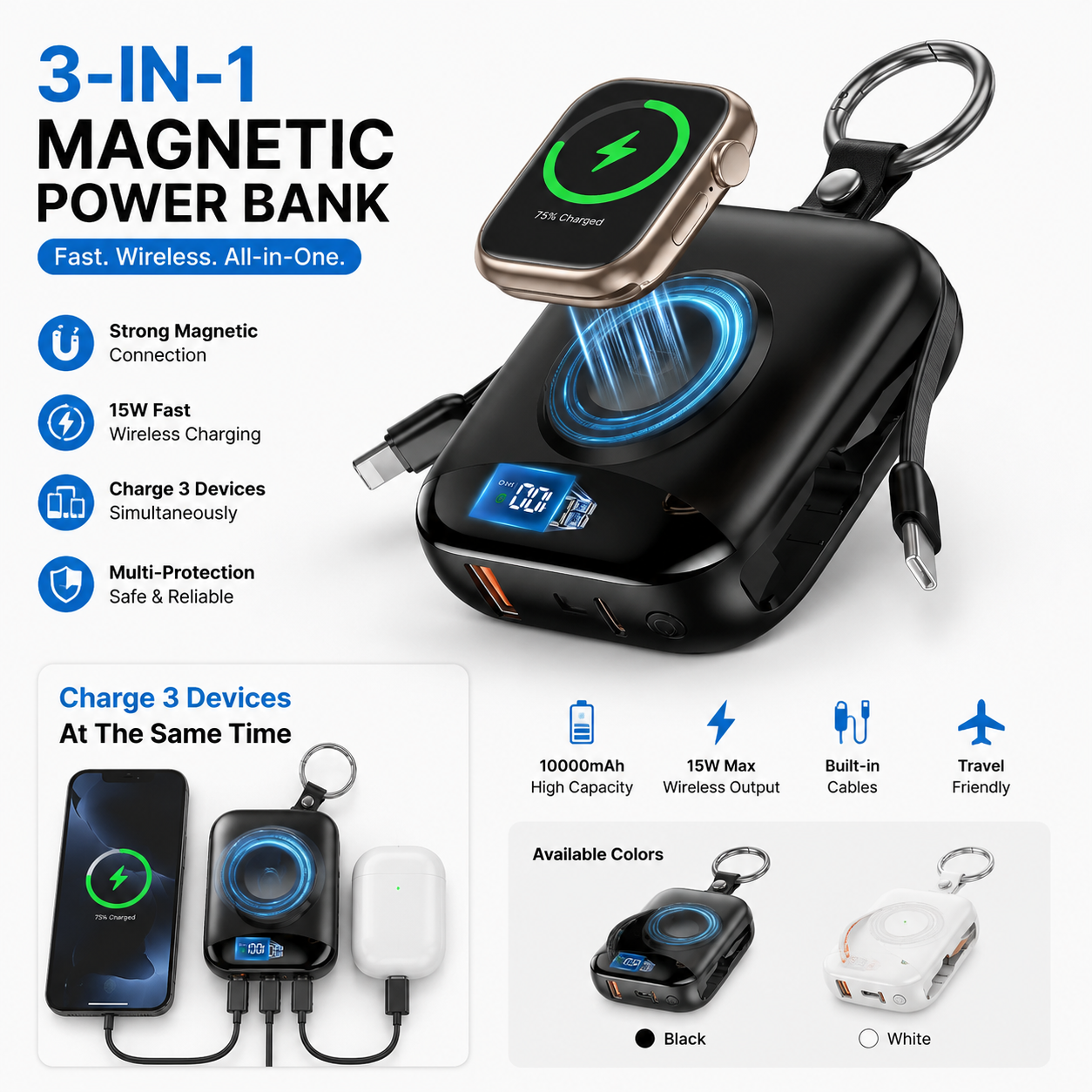 🔋 Multi-Device Travel Power Bank with Built-In Cables & Watch Charger