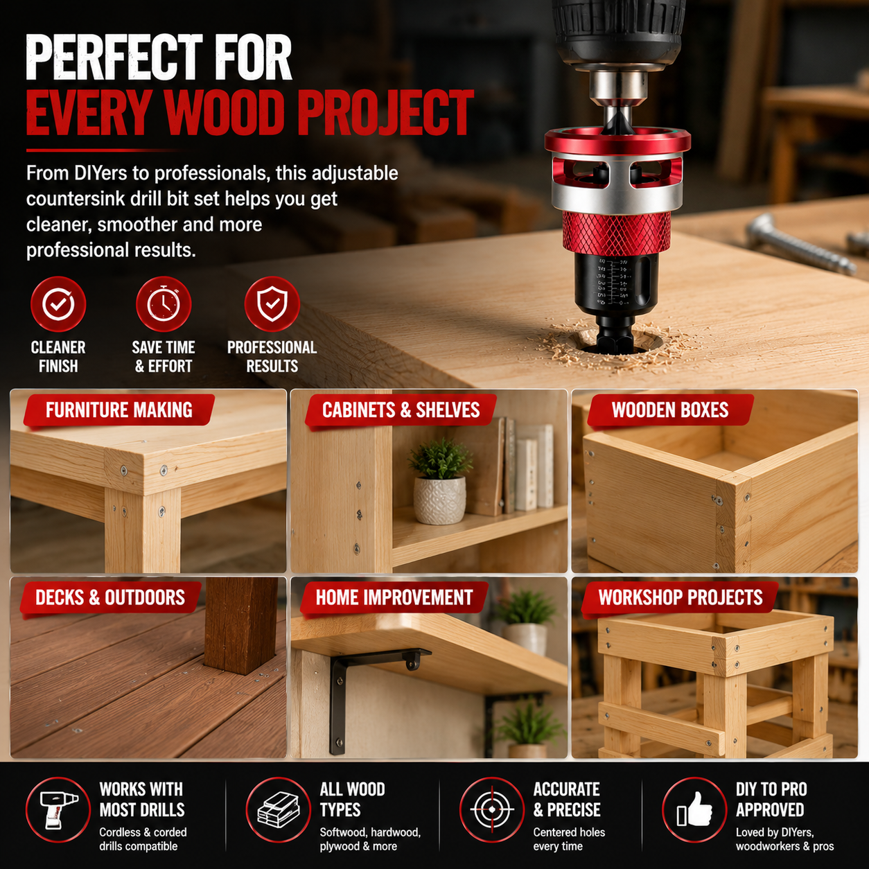 🔥 LAST DAY 50% OFF-🔩 Adjustable Countersink Drill Bit Set | Professional Woodworking Screw Finishing Tool