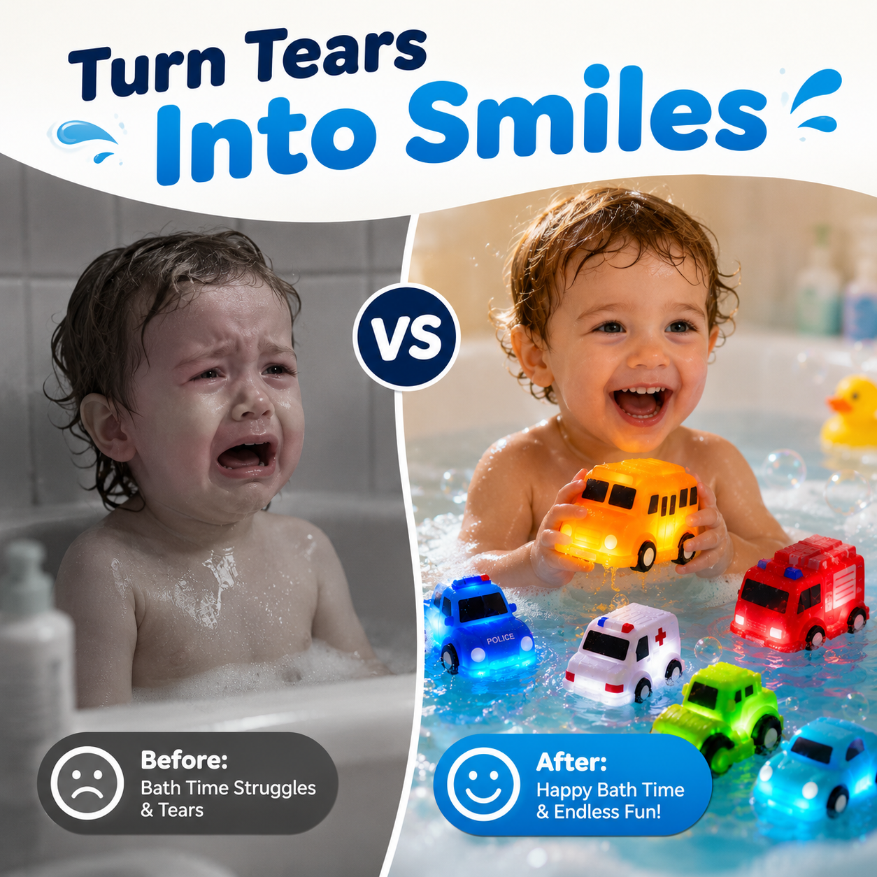 🚗 6PCS Does your little one hate bath time? Watch the smiles light up in seconds! ✨