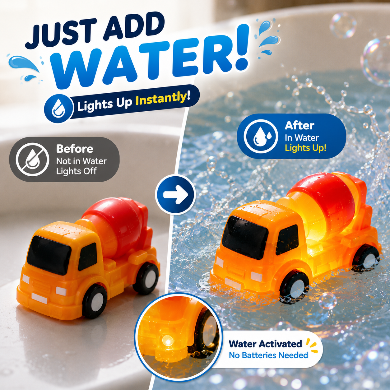 🚗 6PCS Water-Activated Light-Up Bath Toy Cars – Traffic & Construction Vehicles for Kids
