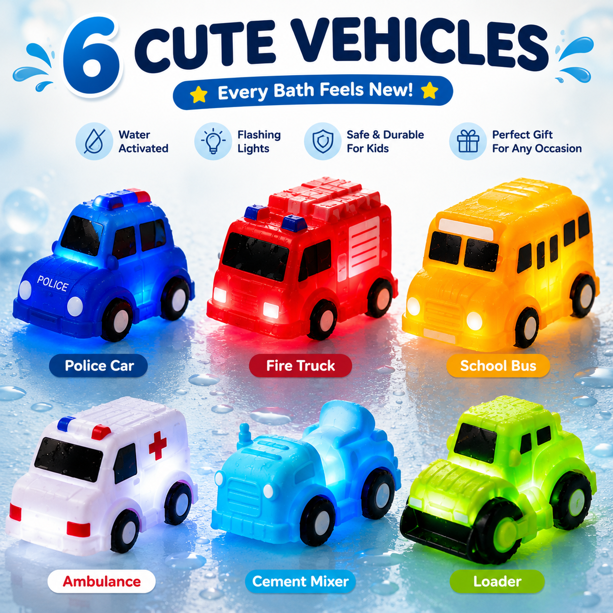 🚗 6PCS Water-Activated Light-Up Bath Toy Cars – Traffic & Construction Vehicles for Kids