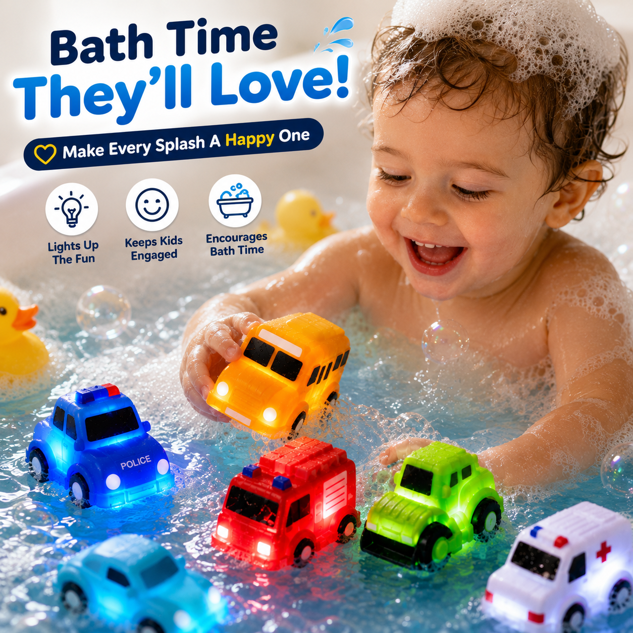 🚗 6PCS Water-Activated Light-Up Bath Toy Cars – Traffic & Construction Vehicles for Kids