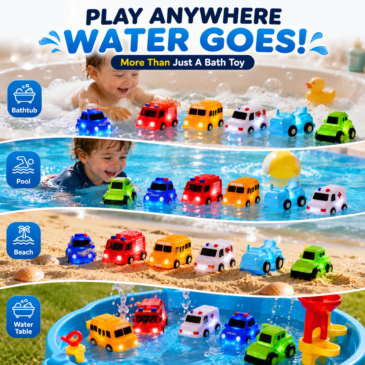 🚗 6PCS Water-Activated Light-Up Bath Toy Cars – Traffic & Construction Vehicles for Kids