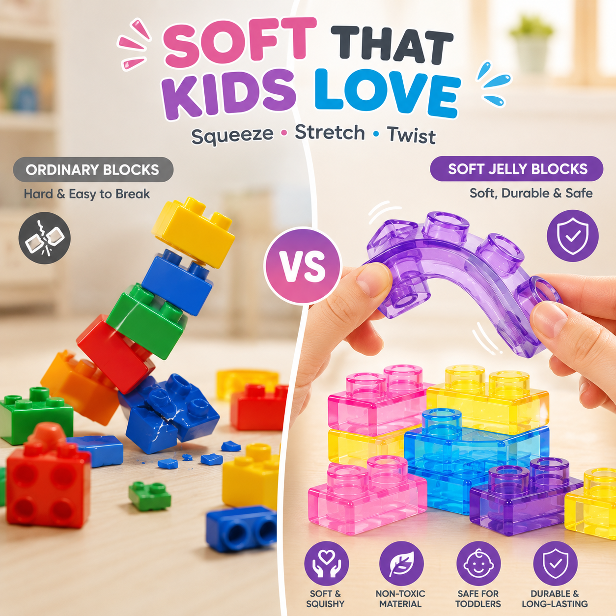 🧩 Soft Jelly Building Blocks – Sensory STEM Toy for Kids, Squishy Stretchable Bath Blocks (40PCS)