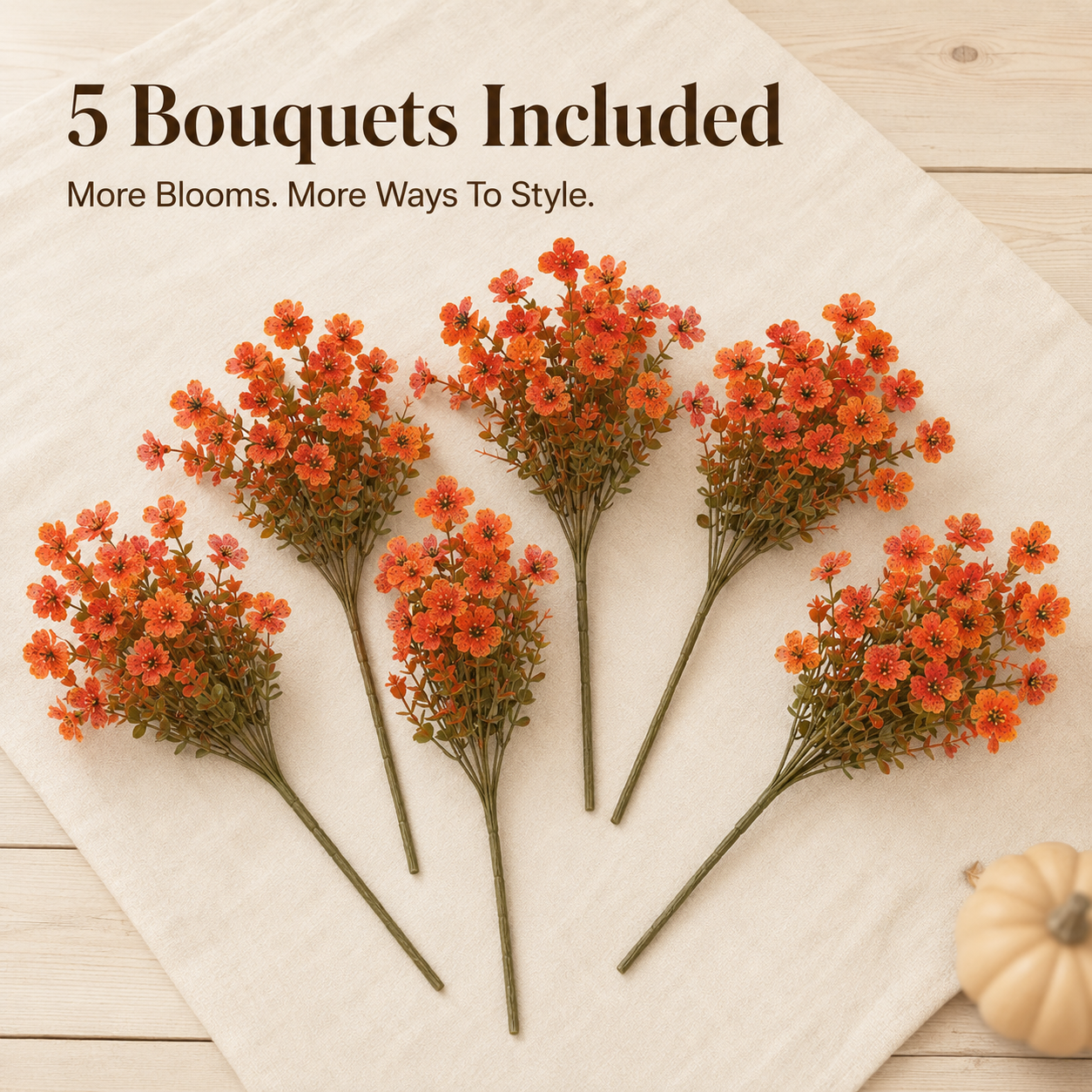 🍂 5-Pack Artificial Fall Flowers – Realistic Orange Faux Bouquets for Porch Pots & Home Décor