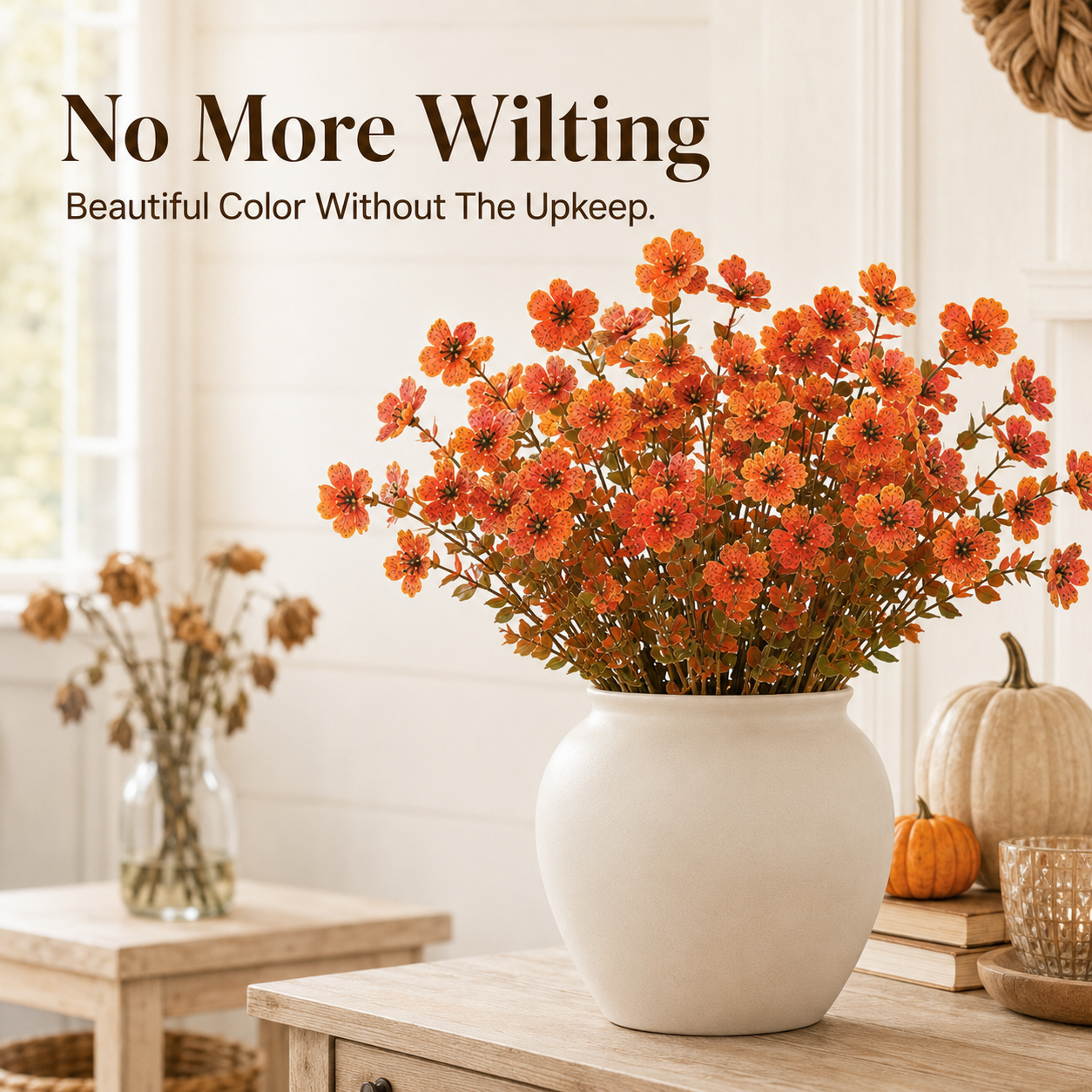 🍂 5-Pack Artificial Fall Flowers – Realistic Orange Faux Bouquets for Porch Pots & Home Décor