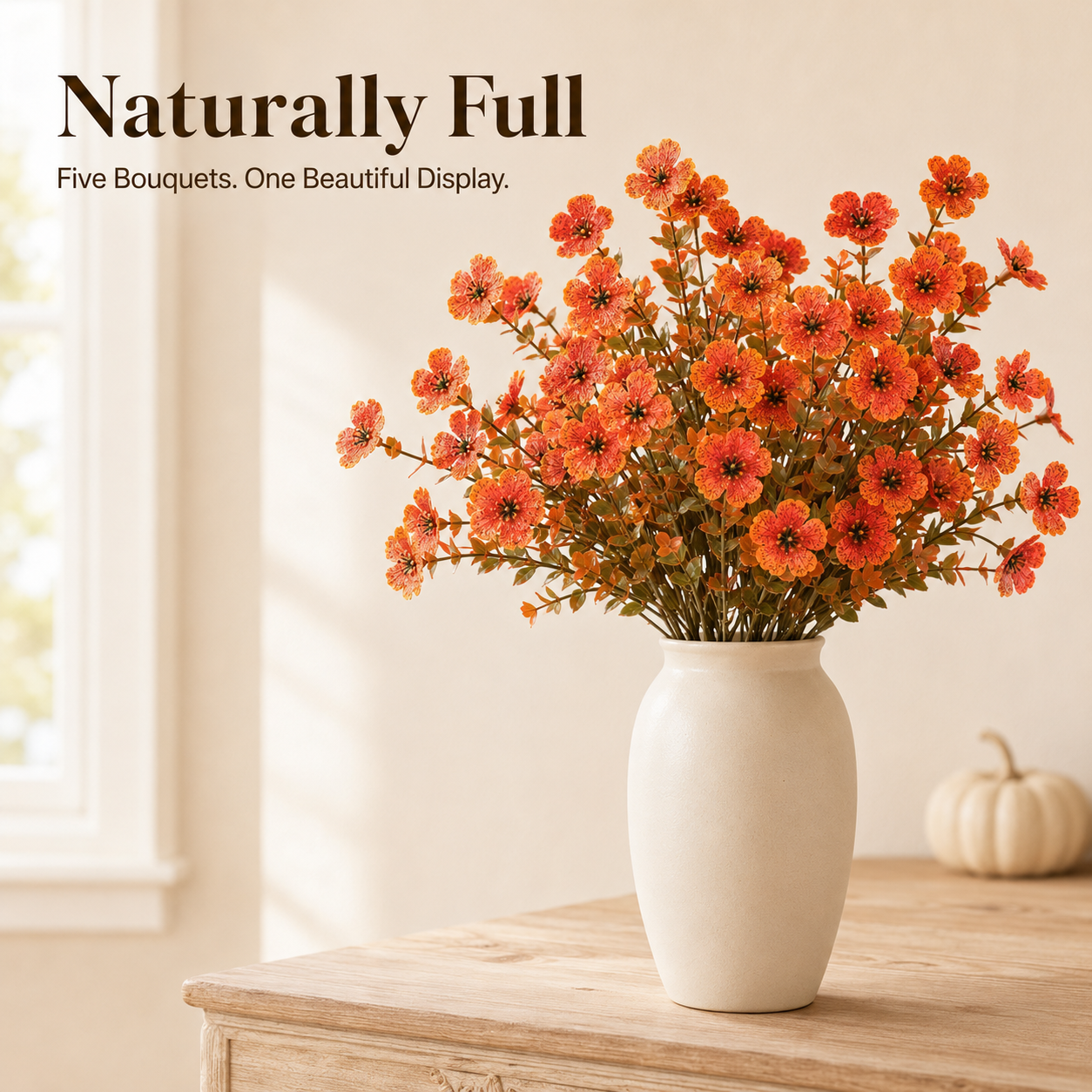 🍂 5-Pack Artificial Fall Flowers – Realistic Orange Faux Bouquets for Porch Pots & Home Décor
