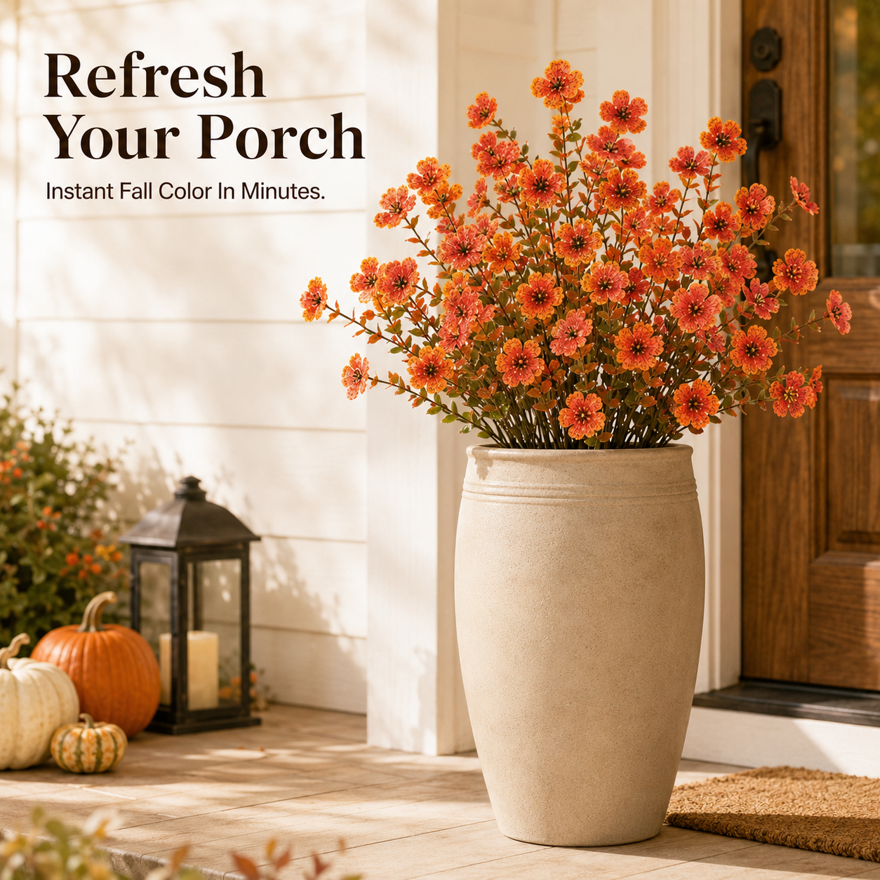🍂 5-Pack Artificial Fall Flowers – Realistic Orange Faux Bouquets for Porch Pots & Home Décor